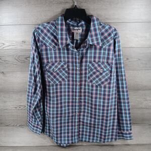 Wrangler Wrancher Women's Blue White Plaid Long Sleeve Pearl Snap Shirt Large